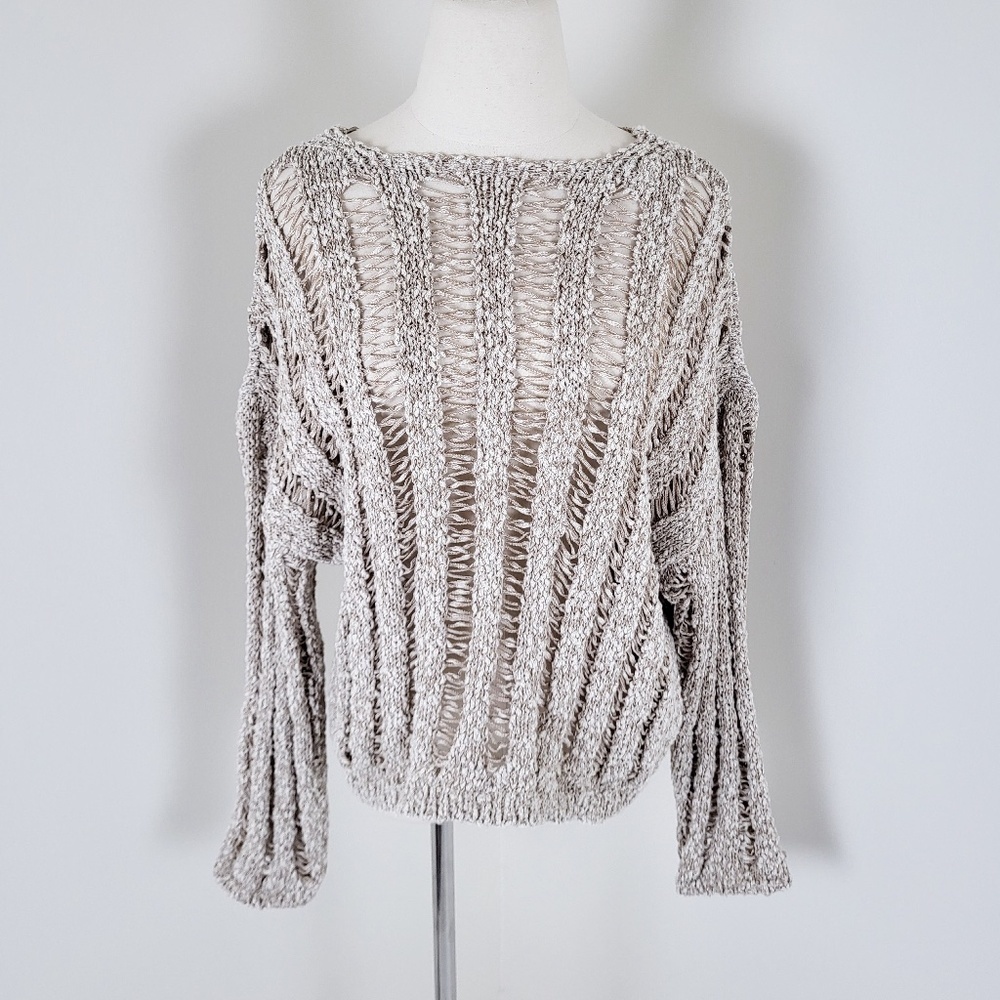 H&M cotton open knit crew neck long sleeve crop cropped beige crochet - Picture 3 of 9